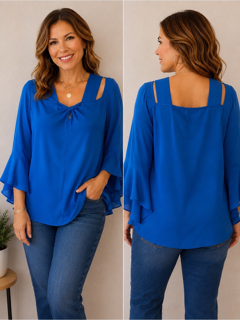 Royal Blue Strappy Blouse Size Large Bell Sleeve Cross Front Cutout Boho Top